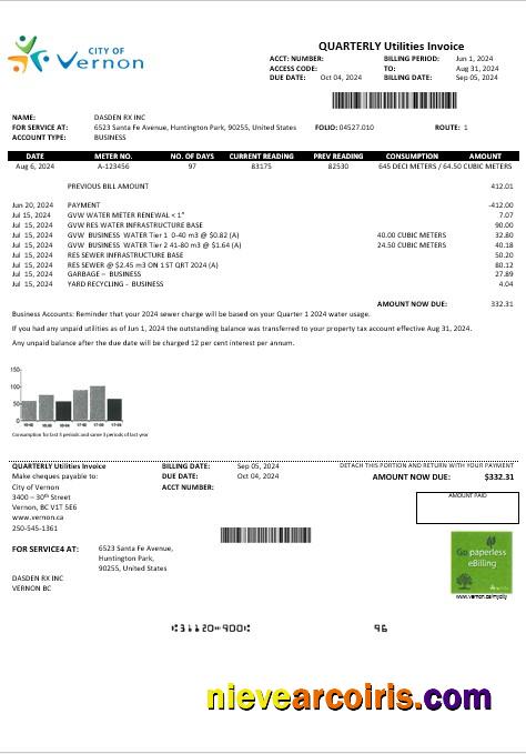 USA Canada City of Vernon water business utility bill